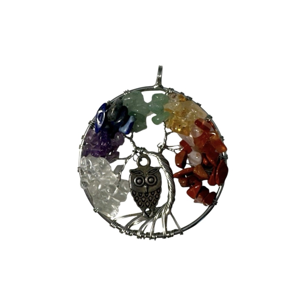 Vintage Silver Tone Tree Of Life Owl Twisted Wire Colorful Owl Necklace Pendant